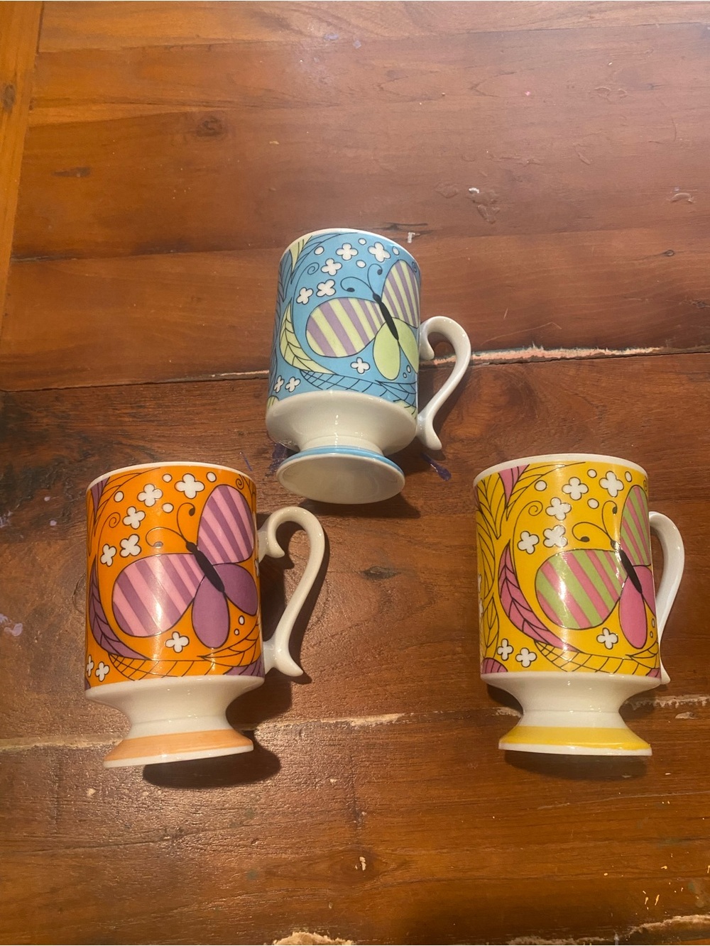 Colorful Butterfly Pedestal Mugs 1960s  - Blue, Orange & Yellow (Set of 3)